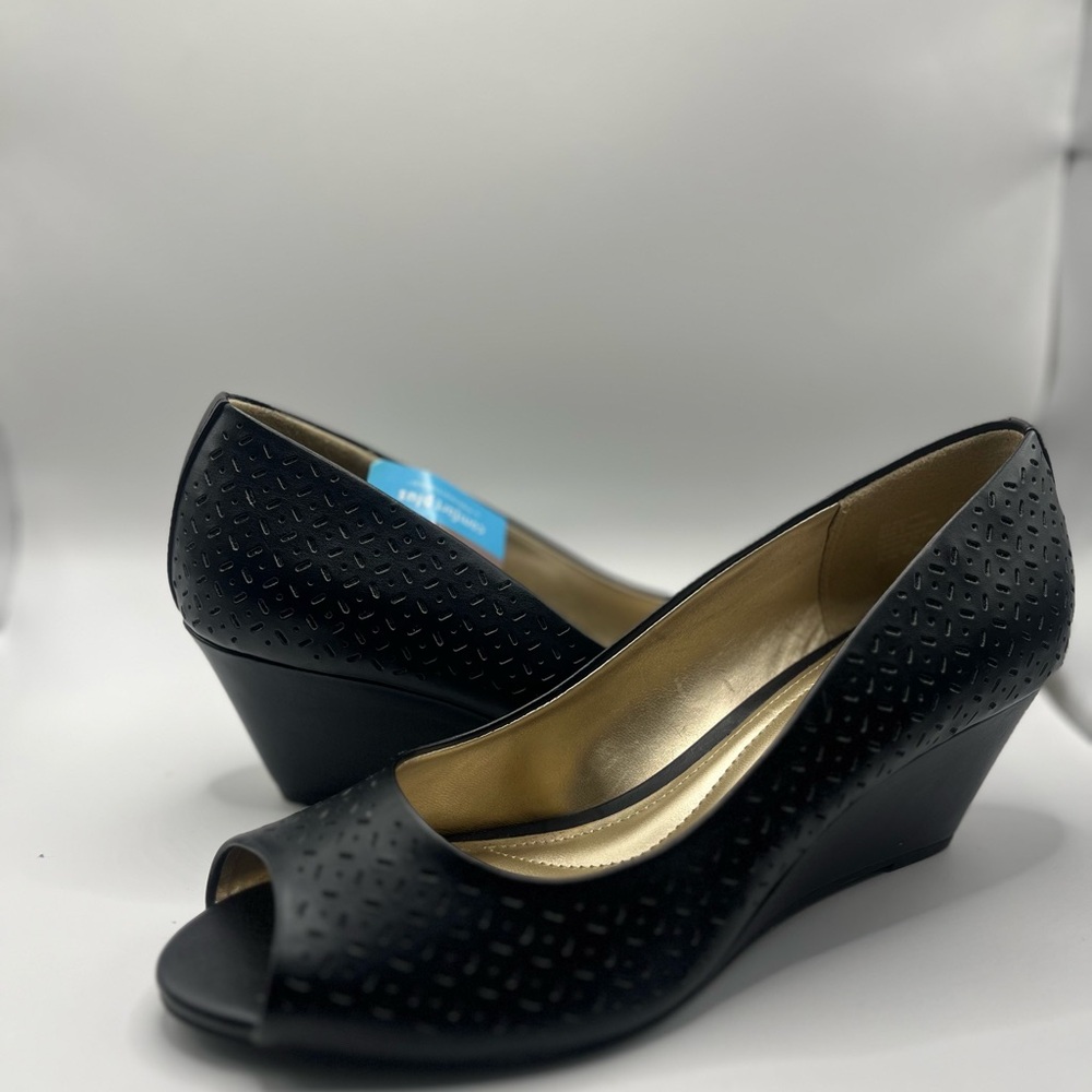 comfort plus by Predictions Black Perforated Peep-Toe Wedges